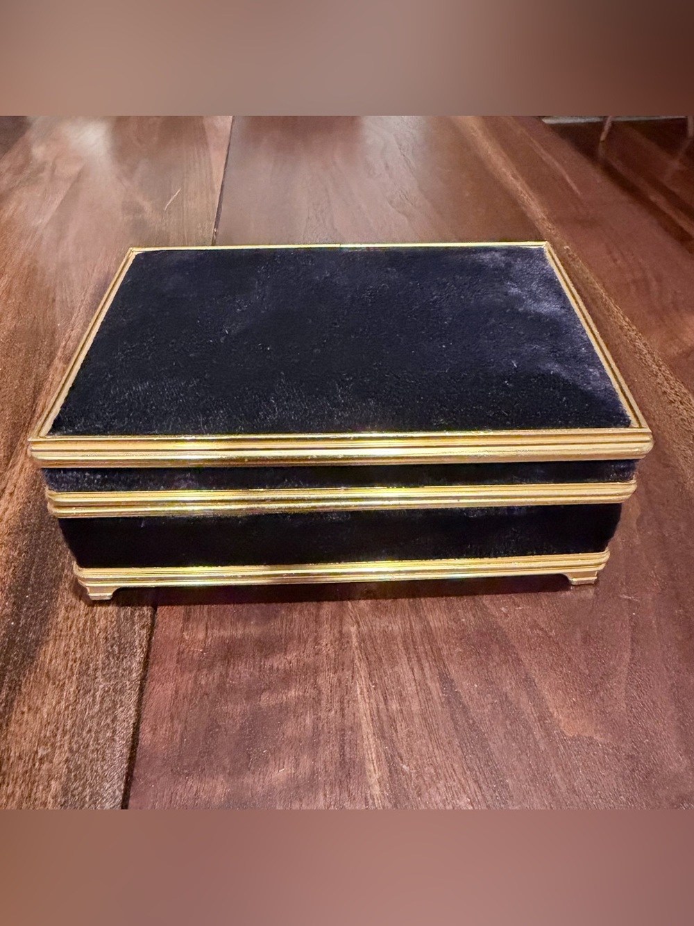 VTG Hollywood Regency Jewelry Box Blue Velvet Brass Footed Trinket Case Mirror